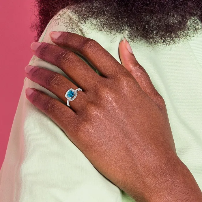14k White Gold 14 Ct Lab Grown Diamond VSSI G December Birthstone Blue Topaz Halo Ring Goldia Rings