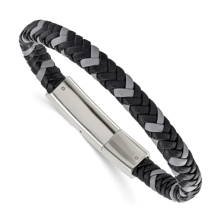 Chisel Stainless Steel Polished Black and Grey Braided Leather 8 inch Bracelet TreasureFineJewelers Bracelets Chisel Stainless Steel Polished Black and Grey Braided Leather 8 inch Bracelet TreasureFineJewelers Bracelets