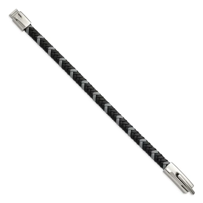 Chisel Stainless Steel Polished Black and Grey Braided Leather 8 inch Bracelet TreasureFineJewelers Bracelets