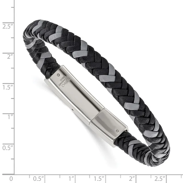 Chisel Stainless Steel Polished Black and Grey Braided Leather 8 inch Bracelet TreasureFineJewelers Bracelets