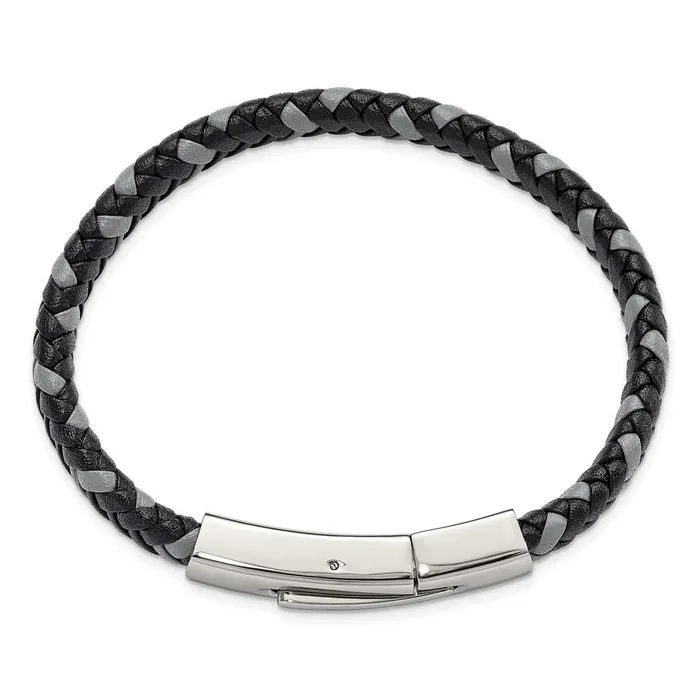 Chisel Stainless Steel Polished Black and Grey Braided Leather 8 inch Bracelet TreasureFineJewelers Bracelets