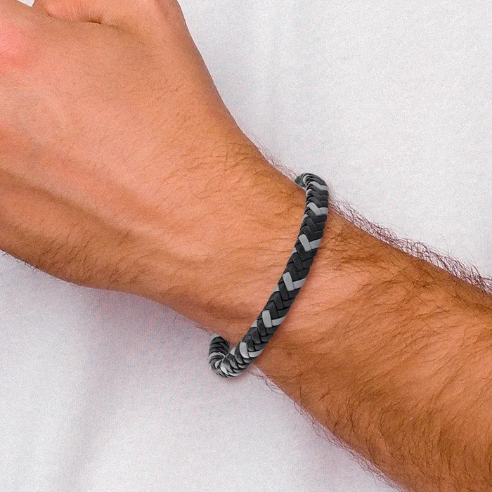 Chisel Stainless Steel Polished Black and Grey Braided Leather 8 inch Bracelet TreasureFineJewelers Bracelets