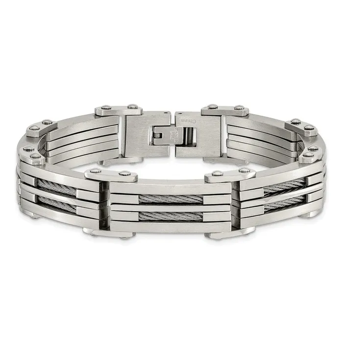 TreasureFineJewelers Bracelets Chisel Stainless Steel Brushed and Polished with Cable Inlay 85 inch Bracelet