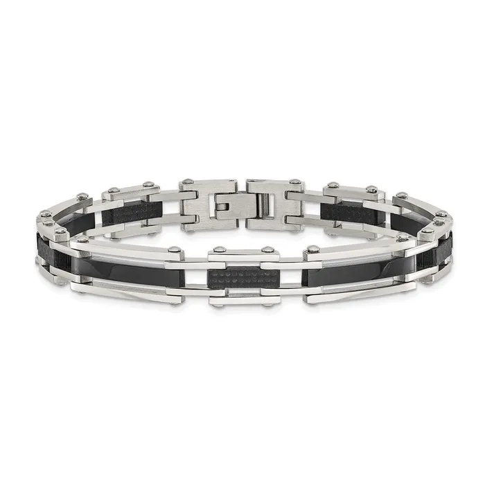 TreasureFineJewelers Bracelets Chisel Stainless Steel Polished Black IPplated with Solid Black Carbon Fiber 825 inch Link Bracelet