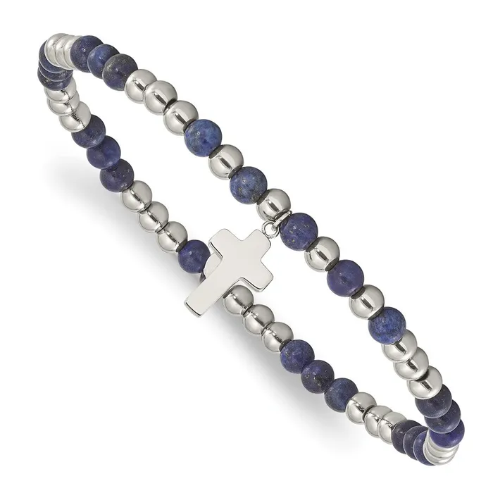TreasureFineJewelers Bracelets Stainless Steel Polished Lapis Beaded Cross Stretch Bracelet TreasureFineJewelers Bracelets Stainless Steel Polished Lapis Beaded Cross Stretch Bracelet