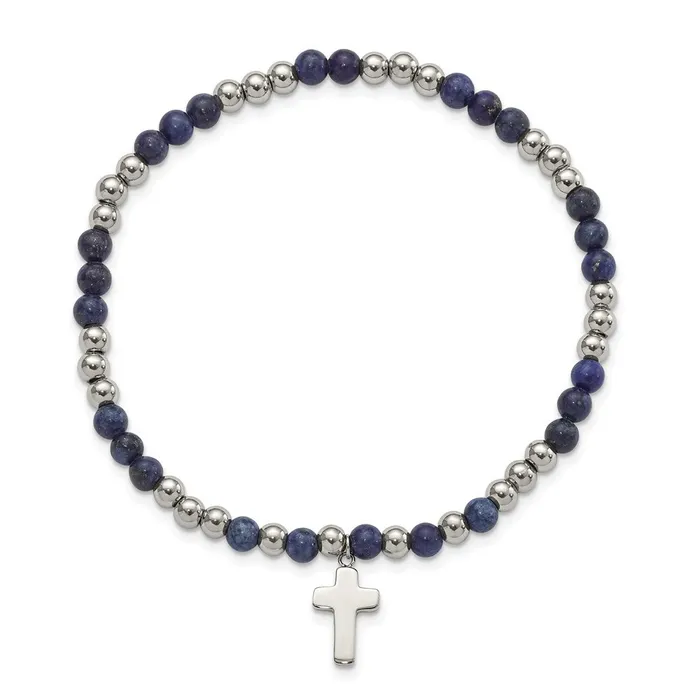 TreasureFineJewelers Bracelets Stainless Steel Polished Lapis Beaded Cross Stretch Bracelet
