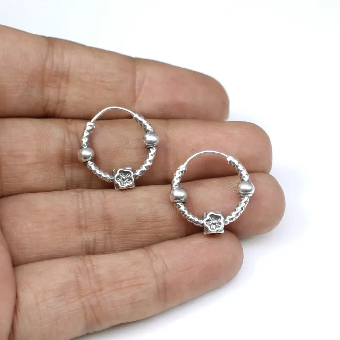 Karizma Jewels Earrings Traditional Indian style Oxidized 925 Sterling Silver ball hoop hinged earrings