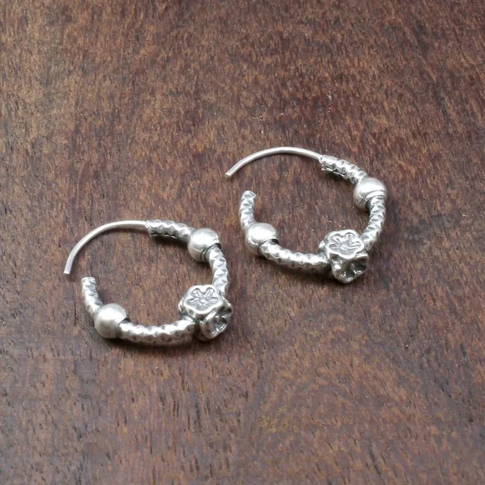 Karizma Jewels Earrings Traditional Indian style Oxidized 925 Sterling Silver ball hoop hinged earrings