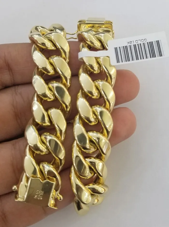 10K Yellow Gold Bracelet 15mm Miami Cuban Link 9 inch Real 10kt Gold Thickmens Gold and Diamond Bracelets 10K Yellow Gold Bracelet 15mm Miami Cuban Link 9 inch Real 10kt Gold Thickmens Gold and Diamond Bracelets