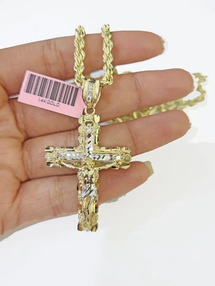 Necklaces Globalwatches10 14k Yellow Gold Rope Chain Jesus Nugget Cross Charm SET 3mm 26 Inches Necklace