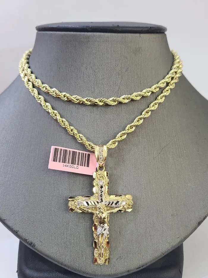 Necklaces Globalwatches10 14k Yellow Gold Rope Chain Jesus Nugget Cross Charm SET 3mm 26 Inches Necklace