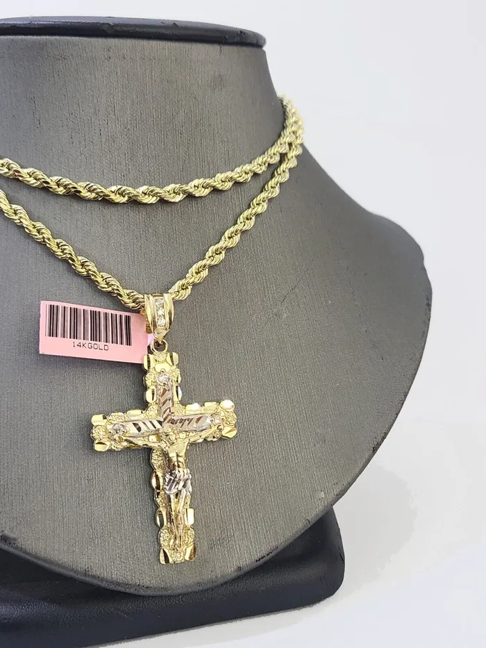 Necklaces Globalwatches10 14k Yellow Gold Rope Chain Jesus Nugget Cross Charm SET 3mm 26 Inches Necklace