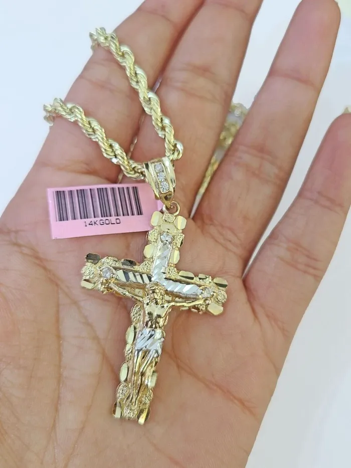 Necklaces Globalwatches10 14k Yellow Gold Rope Chain Jesus Nugget Cross Charm SET 3mm 26 Inches Necklace