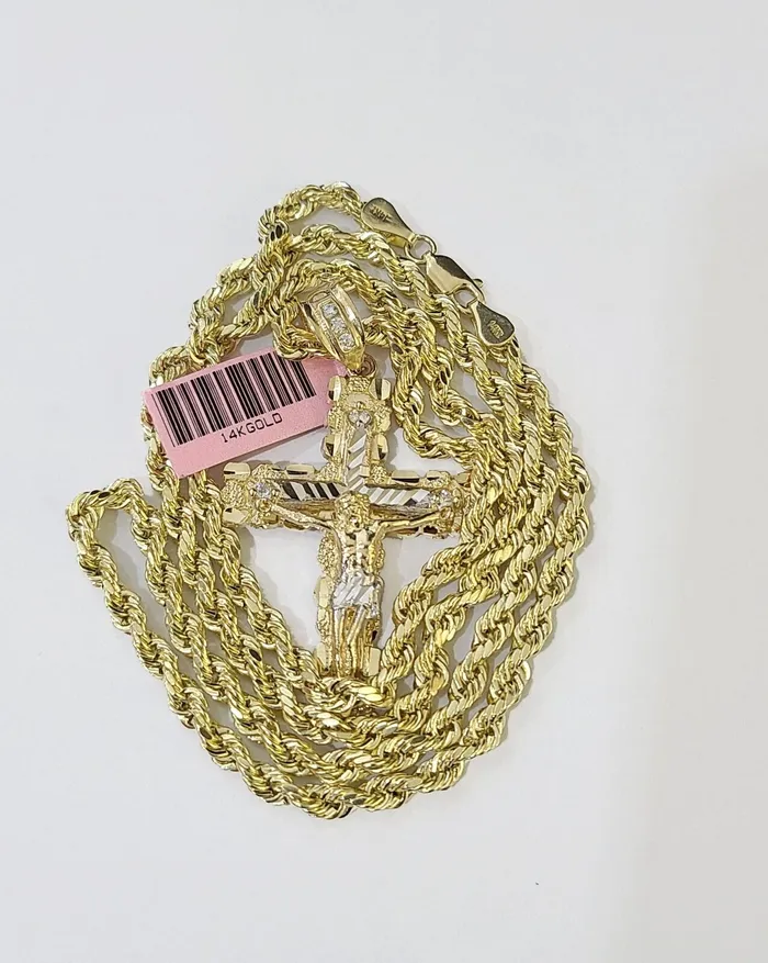 Necklaces Globalwatches10 14k Yellow Gold Rope Chain Jesus Nugget Cross Charm SET 3mm 26 Inches Necklace