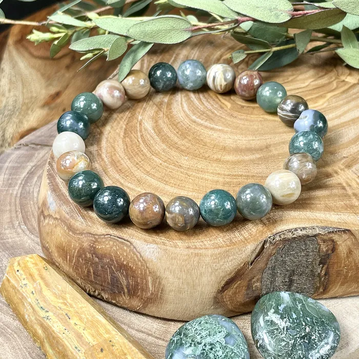 Moss Agate Petrified Wood Wealth Abundance Pain Relief Premium Collection 8mm Stretch Bracelet Lily Rose Jewelry Bracelets