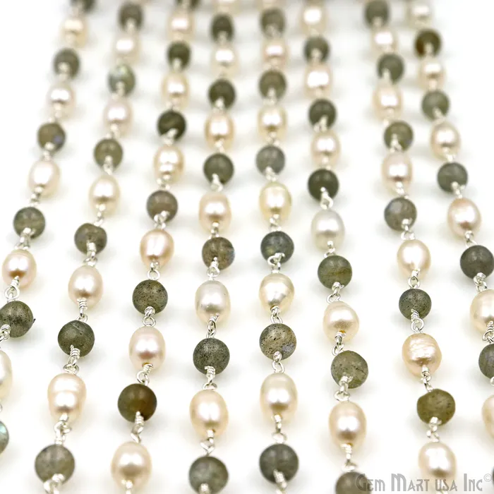 Necklaces Labradorite Cabochon With Pearl Oval Silver Wire Wrapped Rosary Chain GemMartUSA