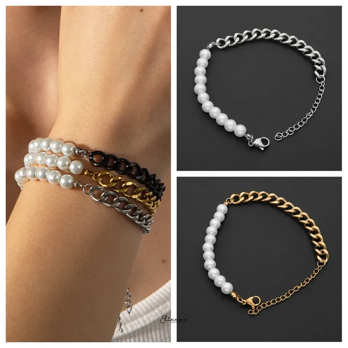 Bracelets Glitters Stainless Steel Bracelet with Pearls Charms Gold