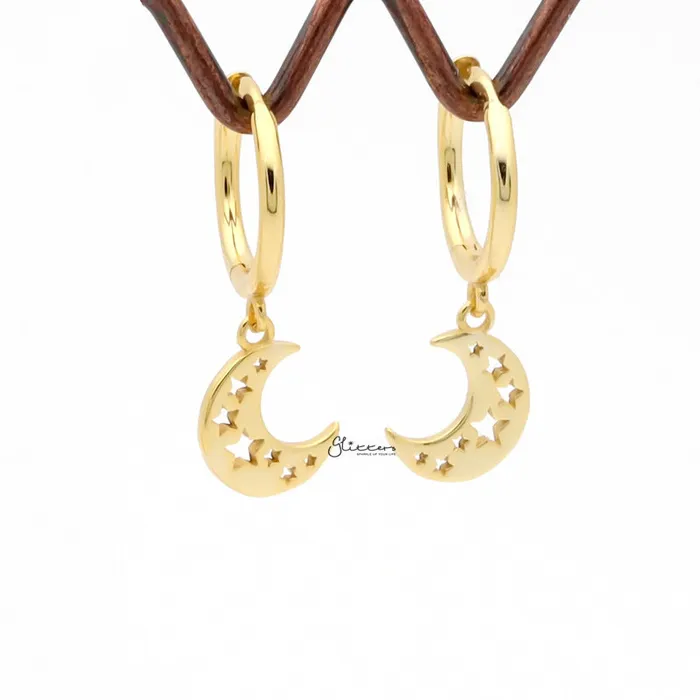 Earrings Glitters Crescent Moon with Stars Charm Huggie Hoop Earrings Gold