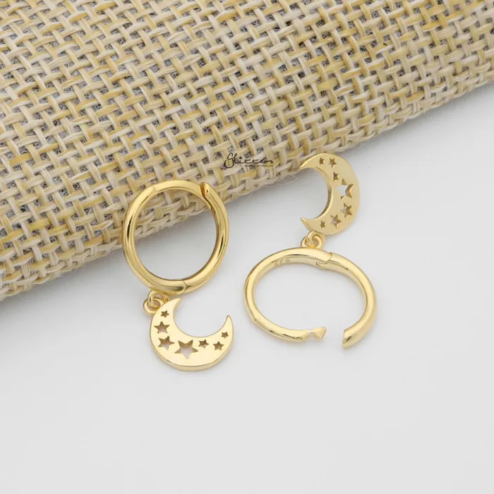Earrings Glitters Crescent Moon with Stars Charm Huggie Hoop Earrings Gold