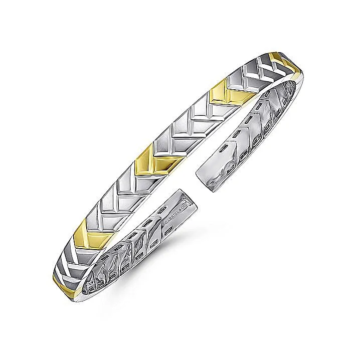 GABRIEL CO Bracelets Gabriel Sterling Silver 14K Yellow Gold 725 Solid Cuff Herringbone Fashion Bracelet GABRIEL CO Bracelets Gabriel Sterling Silver 14K Yellow Gold 725 Solid Cuff Herringbone Fashion Bracelet