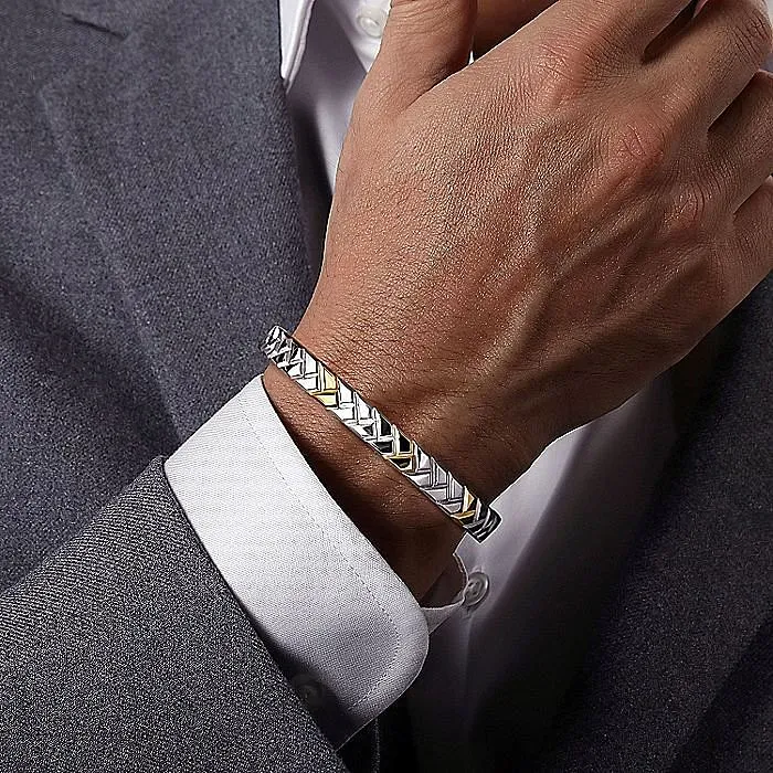 GABRIEL CO Bracelets Gabriel Sterling Silver 14K Yellow Gold 725 Solid Cuff Herringbone Fashion Bracelet GABRIEL CO Bracelets Gabriel Sterling Silver 14K Yellow Gold 725 Solid Cuff Herringbone Fashion Bracelet