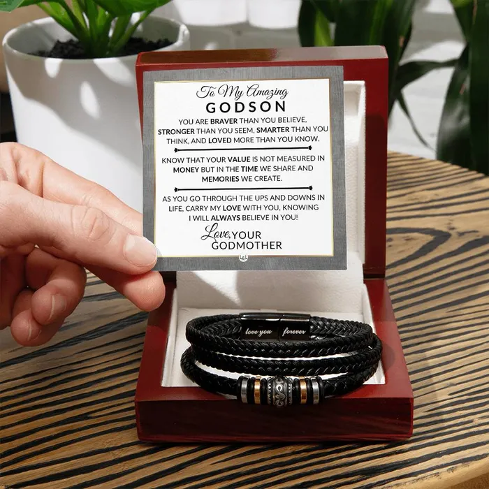 Gift For My Godson From Godmother Carry My Love With You Mens Braided Leather Bracelet Great As A Christmas Gift or A Birthday Present For Him ShineOn Fulfillment Bracelets