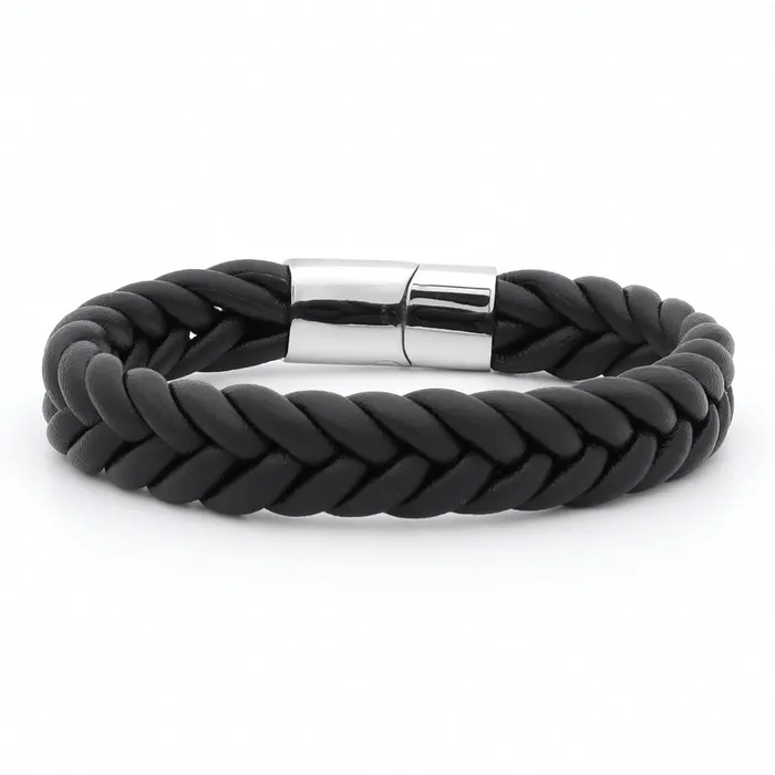 Glitters Bracelets Black Braided One Line Leather Bracelet 14mm width