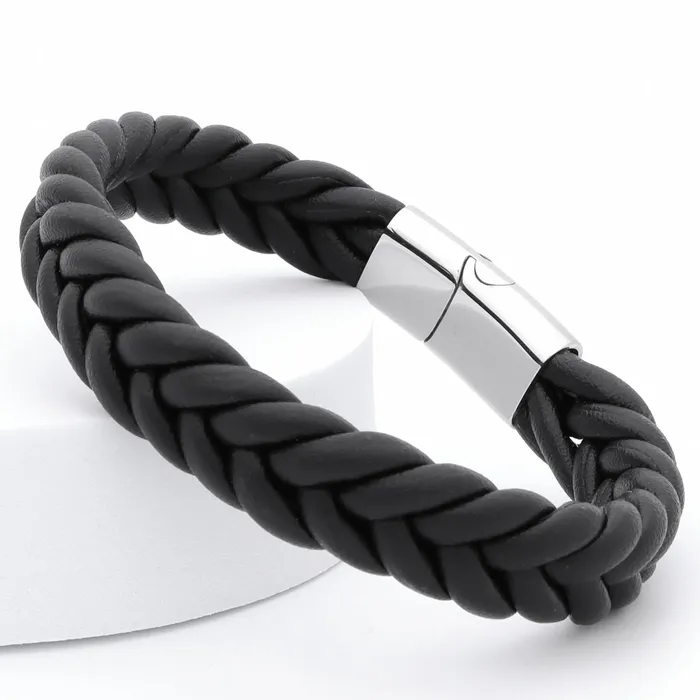 Glitters Bracelets Black Braided One Line Leather Bracelet 14mm width