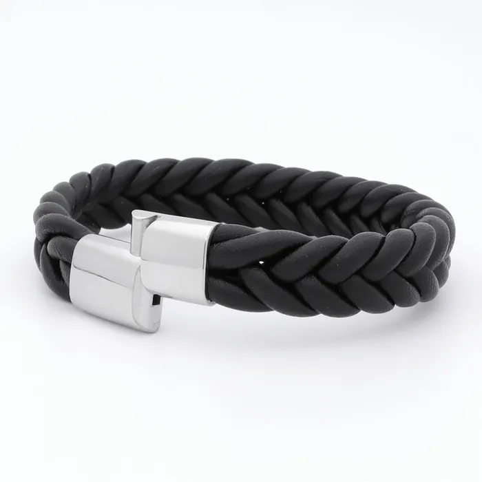 Glitters Bracelets Black Braided One Line Leather Bracelet 14mm width