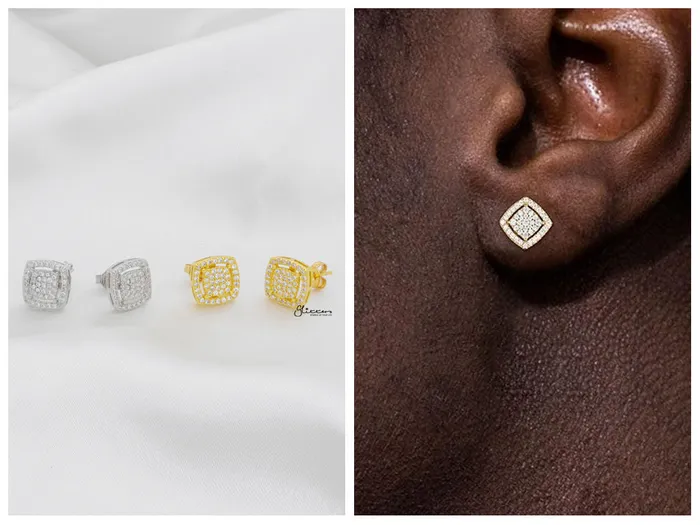 Glitters Earrings CZ Paved Square Stud Earrings Silver