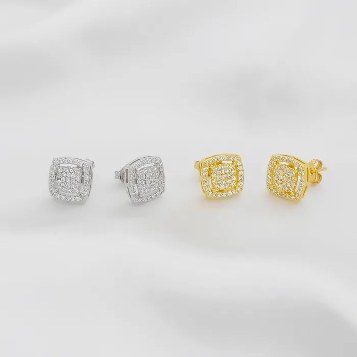 Glitters Earrings CZ Paved Square Stud Earrings Silver