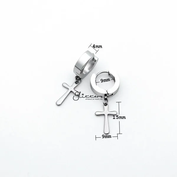 Glitters Earrings Stainless Steel Cross Drop Huggie Hoop Earrings Silver