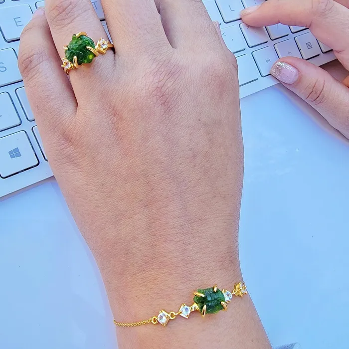 Raw Green Tourmaline Bracelet Ring Set Uniquelan Jewelry Bracelets