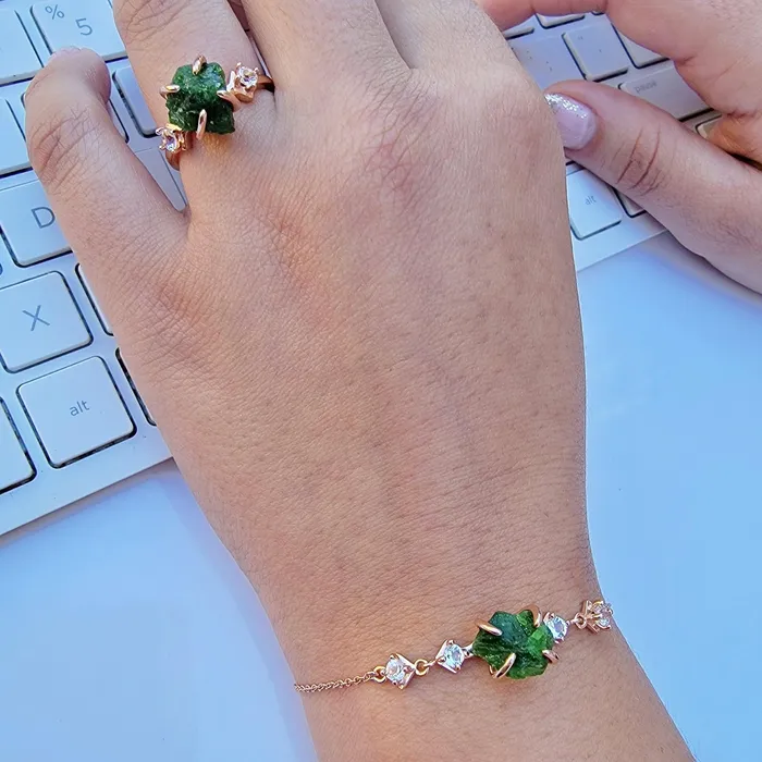 Raw Green Tourmaline Bracelet Ring Set Uniquelan Jewelry Bracelets