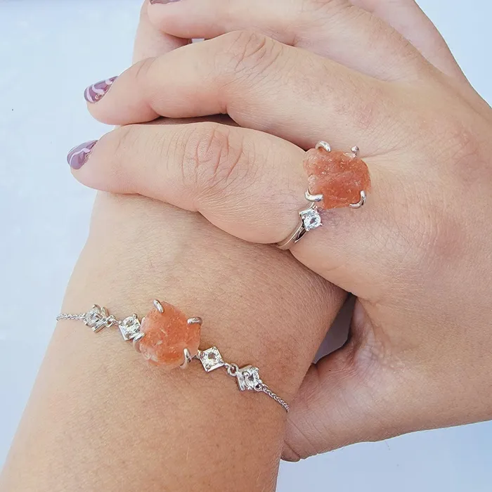 Raw Sunstone Ring and Bracelet Set Uniquelan Jewelry Bracelets