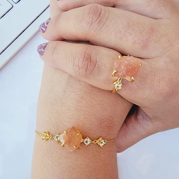 Raw Sunstone Ring and Bracelet Set Uniquelan Jewelry Bracelets