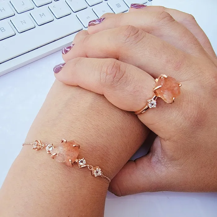 Raw Sunstone Ring and Bracelet Set Uniquelan Jewelry Bracelets