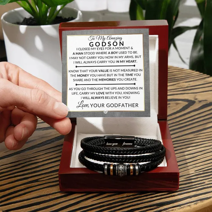 ShineOn Fulfillment Bracelets Gift For My Godson From His Godfather I Closed My Eyes Mens Braided Leather Bracelet Great As A Christmas Gift or A Birthday Present For Him