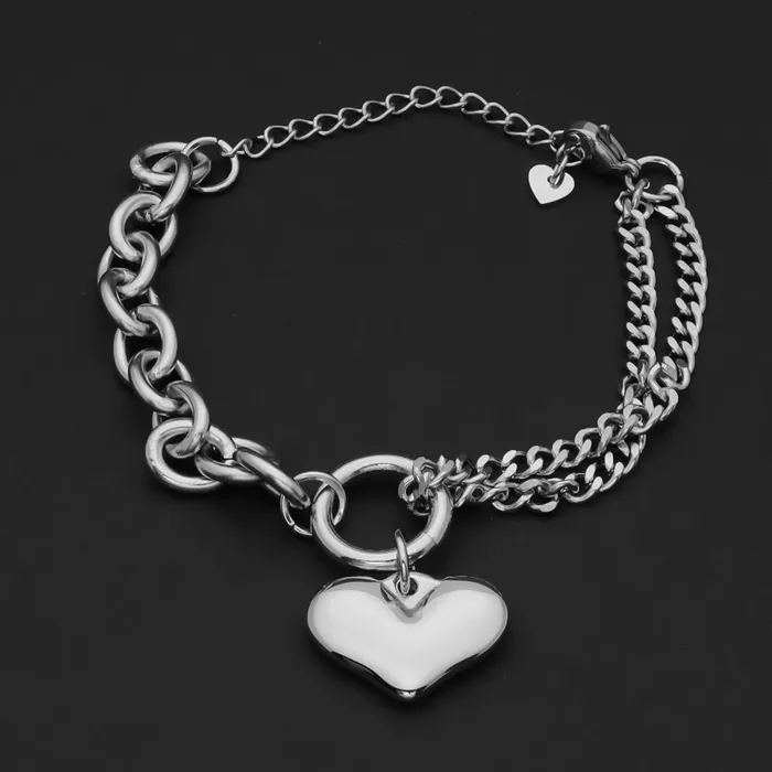 Stainless Steel Womens Bracelet with Dangle Heart Charm Silver Glitters Bracelets