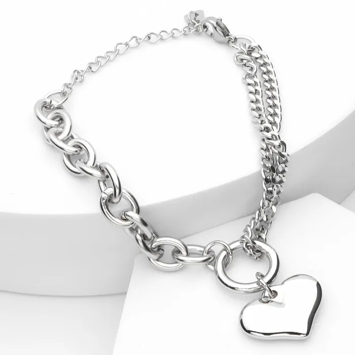 Stainless Steel Womens Bracelet with Dangle Heart Charm Silver Glitters Bracelets